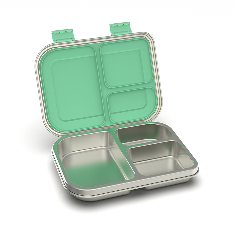 Bento Lunch Box, Stainless Steel, 3-Compartment, Leakproof, GREEN