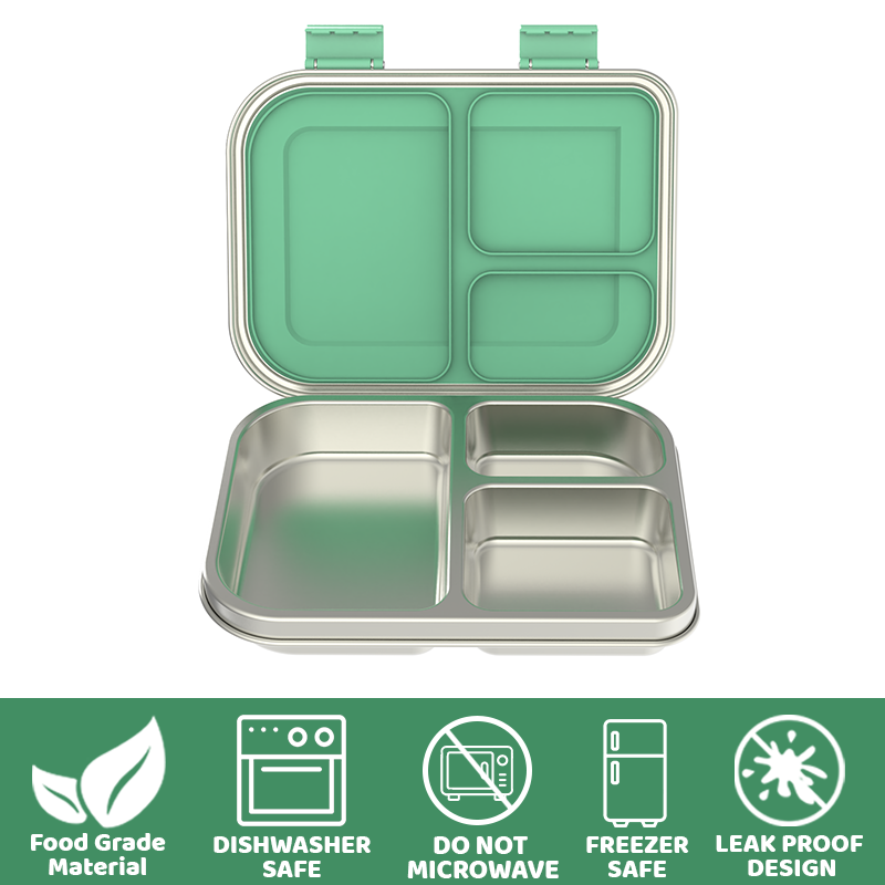 Bento Lunch Box, Stainless Steel, 3-Compartment, Leakproof, GREEN
