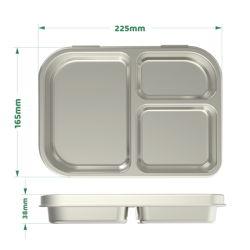 Bento Lunch Box, Stainless Steel, 3-Compartment, Leakproof, GREEN