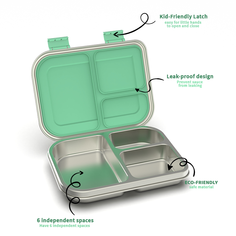 Bento Lunch Box, Stainless Steel, 3-Compartment, Leakproof, GREEN