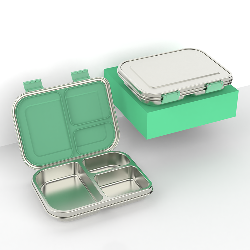 Bento Lunch Box, Stainless Steel, 3-Compartment, Leakproof, GREEN