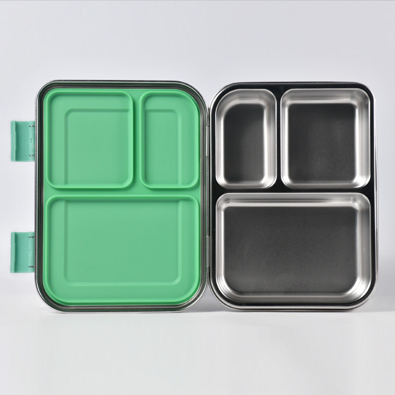 Bento Lunch Box, Stainless Steel, 3-Compartment, Leakproof, GREEN